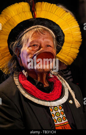 Portrait of Brazil's indigenous chief Raoni Metuktire, Lyon, France Stock Photo