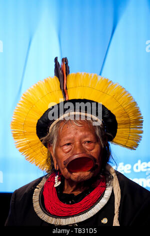 Portrait of Brazil's indigenous chief Raoni Metuktire, Lyon, France Stock Photo