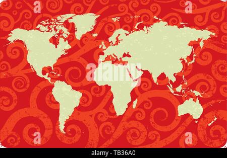 Vector illustration. Antique world map over swirls background. Red and beige. Stock Vector