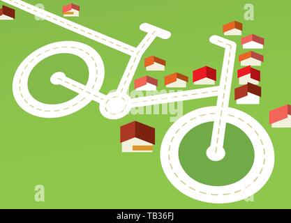 vector illustration. Landscape concept of bicycle neightbour with houses and roads. Stock Vector