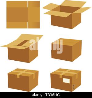 Vector illustration. Cardboard box process for mounting and send. Stock Vector
