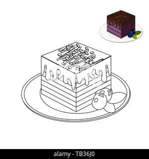 Coloring book page. Cake in monochrome style. Blueberry cake topped with chocolate. It stands on plate. Blueberries with leaves. Sweet decorative vect Stock Vector