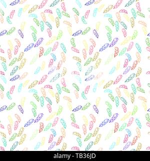 Colorfull feather pattern. Seamless print design. Different outline. Repeat flying plume. Vector ink illustration. For walls, textiles, fabric, wrappi Stock Vector