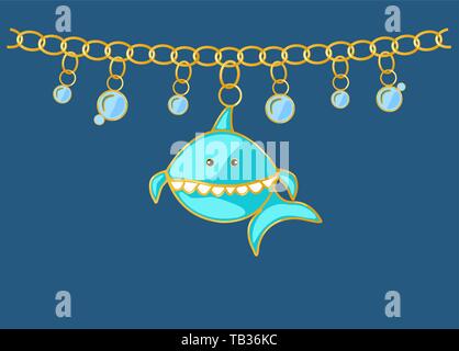 Jewellery blue shark pendants with bubbles water. Chain with golden rings. Cartoon style character fish. Vector illustration modern set coulombs marin Stock Vector