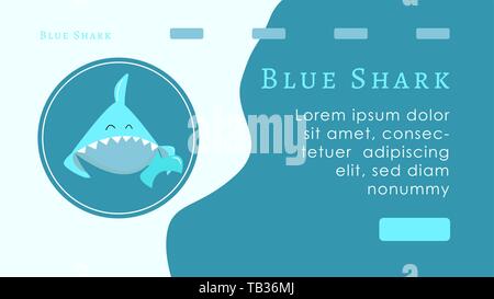 The concept of the first screen of the target page. Blue shark cartoon character in round frame. Logo fish and bubbles. Mascot. Web site or banner lay Stock Vector