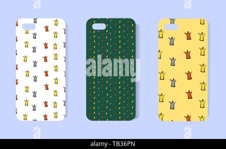 Pattern for a phone case with a small sketch of crowns. Funny design for the cover. Concept for princess. Cartoon style. Gold, bronze. silver on a bei Stock Vector