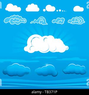 Vector illustration. Different types of cloud icons over blue background. Stock Vector