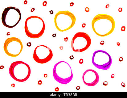 Watercolor texture with round spots hand-drawn circles, rings red and yellow, isolated on white background. Stock Photo
