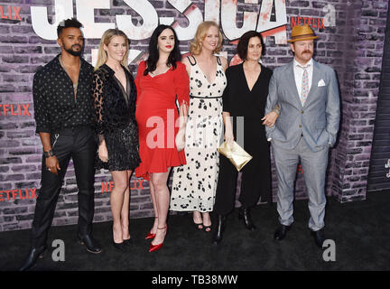 HOLLYWOOD, CA - MAY 28: (L-R) Eka Darville, Rachael Taylor, Krysten Ritter, Melissa Rosenberg, Carrie-Anne Moss and Jeremy Bobb attend a Special Screening Of Netflix's 'Jessica Jones' Season 3 at ArcLight Hollywood on May 28, 2019 in Hollywood, California. Stock Photo