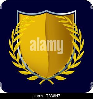 Vector illustration. Gold shield with golden laurel wreath. Isolated on black. Stock Vector