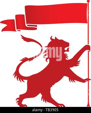 Vector illustration. Heraldic ramping lion icon in red. Geometric forms. Stock Vector