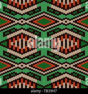 Knitting seamless ornament in orange and green hues, vector pattern as a fabric texture Stock Vector