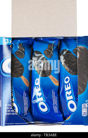Pack of Oreo ice creams opened to show individually wrapped ice creams - ice cream with oreo biscuit pieces Stock Photo