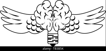 Bulb light brain shape with wings in black and white Stock Vector