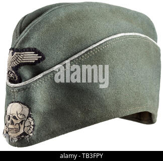 A side cap for leaders of the Waffen-SS, Fine field-grey cloth with continuous silver lace, green imitation silk liner, BeVo woven insignia (in enlisted men issue). Worn condition. 20th century, 1930s, 1940s, Waffen-SS, armed division of the SS, armed service, armed services, NS, National Socialism, Nazism, Third Reich, German Reich, Germany, military, militaria, utensil, piece of equipment, utensils, object, objects, stills, clipping, clippings, cut out, cut-out, cut-outs, fascism, fascistic, National Socialist, Nazi, Nazi period, historic, historical, Editorial-Use-Only Stock Photo