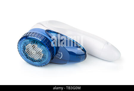 Blue plastic electric fabric shaver isolated on white Stock Photo