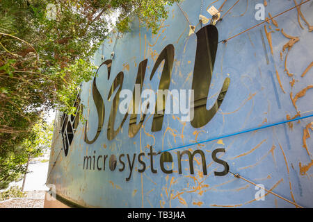 May 26, 2019 Menlo Park / CA / USA - Sun Microsystems logo on the back of the Facebook Thumbs Up sign; Facebook took over their former offices in Sili Stock Photo