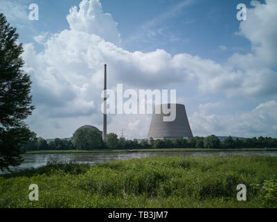 the partially demolished cooling tower of the closed down nuclear power plant of Mulheim-Karlich, Germany Stock Photo