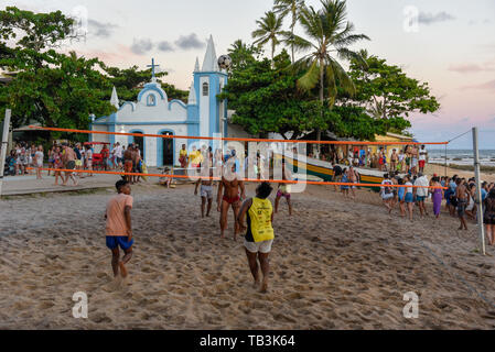 Praia do Forte, Brazil - 31 January 2019: people playing footvolley at Praia do Forte on Brazil Stock Photo