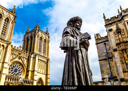 Bronze sculpture of Raja Ram Mohan Roy by Niranjan Pradhan in front of the Bristol Cathedral, College Green, Bristol, UK Stock Photo