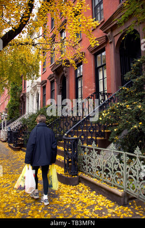 Brownstone residence buildings on Leroy Street near Hudson St., location of American TV series The Cosby Show featuring comedian Bill Cosby as Heathcl Stock Photo