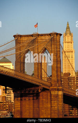 Brooklyn Bridge And Woolworth Building; Lower Manhattan, New York, New York, USA Stock Photo