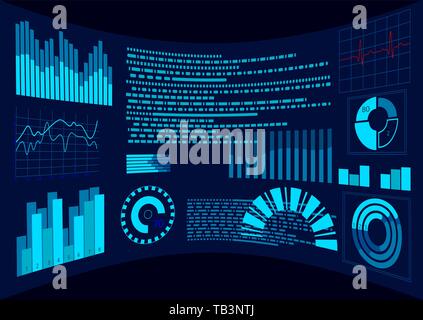 Flat blue HUD virtual dashboard display. User interface touch screen. Graph trend diagram. Data analysis augmented reality helmet control panel Stock Vector