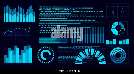 Flat blue HUD virtual dashboard display. User interface touch screen. Graph trend diagram. Data analysis augmented reality helmet control panel Stock Vector