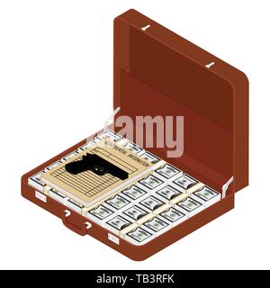 Brown briefcase with top secret documents, million dollars and gun isometric view Stock Vector