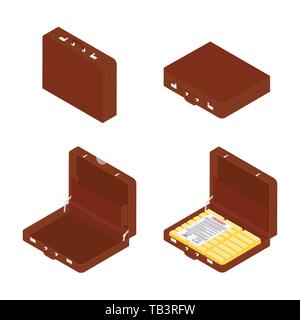 Brown briefcase with top secret documents and golden bars isometric view. Empty opened and closed briefcase, diplomat set, collection Stock Vector