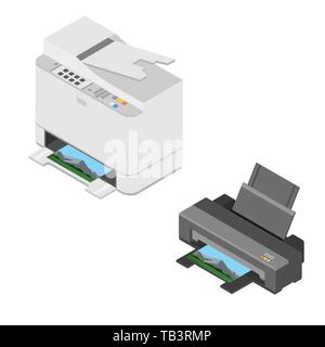 Realistic isometric printer. Print high quality photo paper Stock Vector