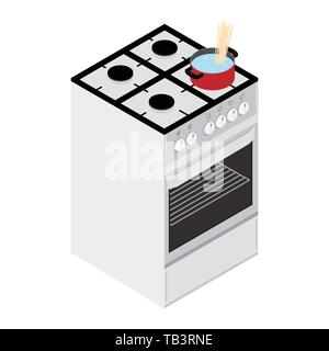 Food preparation. Boiling water and pasta in red pan, cooking pot on gas oven stove isometric view. Cooking concept Stock Vector