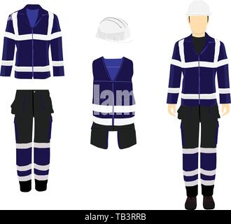 Man worker in uniform. Professional protective clothes and safety helmet. Man's figure. Stock Vector