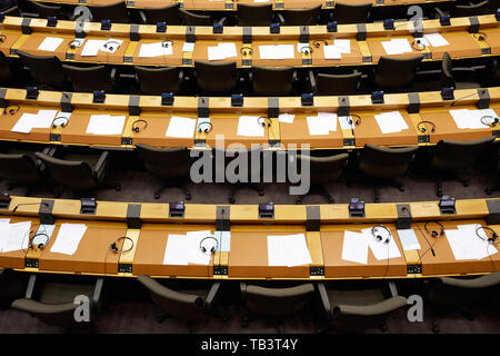 03.04.2019, Brussels, Brussels, Belgium - Empty rows of Members' seats in the Chamber of the European Parliament. 00R190403D034CAROEX.JPG [MODEL RELEA Stock Photo