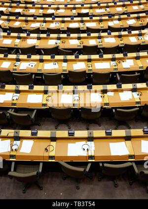 03.04.2019, Brussels, Brussels, Belgium - Empty rows of Members' seats in the Chamber of the European Parliament. 00R190403D041CAROEX.JPG [MODEL RELEA Stock Photo