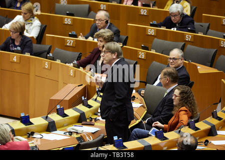 03.04.2019, Brussels, Brussels, Belgium - Guy Verhofstadt during a speech in the European Parliament during a debate. 00R190403D054CAROEX.JPG [MODEL R Stock Photo