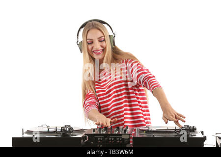 Female DJ playing music on white background Stock Photo