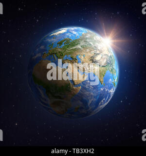 Planet Earth viewed from a satellite, focused on Europe, Asia and Africa, sun shining in the horizon. 3D illustration - Elements of this image furnish Stock Photo
