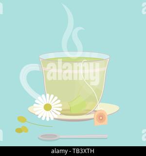 Cup of chamomile tea. Tea sachet with chamomile flower on the saucer. Smoke on the drink. Spoon in front of cup. Stock Vector