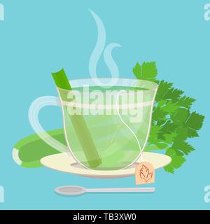 Cup of celery tea. Tea sachet with celery behind the saucer. Piece of celery inside the cup. Smoke on the drink. Spoon in front of cup. Stock Vector