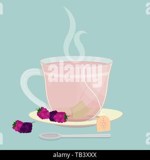 Cup of raspberry and blackberry tea. Tea sachet with raspberries and blackberries on the saucer. Smoke on the drink. Spoon in front of cup. Stock Vector