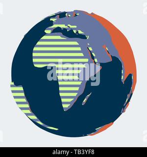 Earth with Africa on foreground in comic book flat style with yellow stripped light and dark blue water Stock Vector