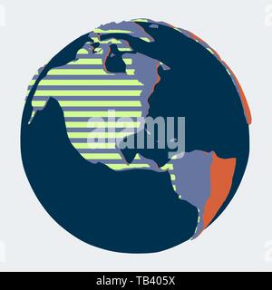 Earth with USA on foreground in abstract comic style with stripes and contrast colors of land and water Stock Vector