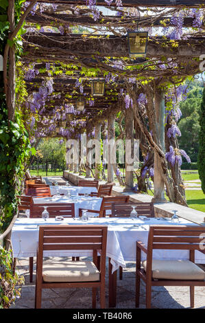 The terrace at Villa Milocer, build as the summer residence of Queen Marija Karadordevic (Mary, Queen of Yugoslavia) in 1918 and part of the Aman Svet Stock Photo