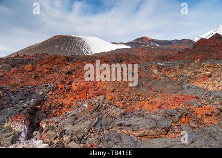 Snow- capped Mount volcanoes, volcanic massive, one of the volcanic complex on the Kamchatka Peninsula in the far east of Russia. Pacific ring fire. Stock Photo