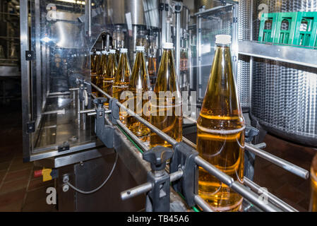 Bottles on the conveyor of the bottling plant in a factory Stock Photo