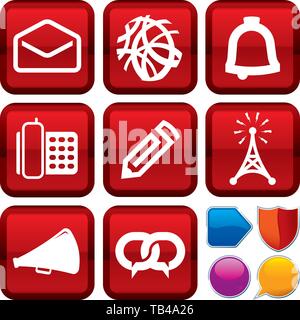 Vector illustration. Set of media communications icons on square buttons. Geometric style. Stock Vector