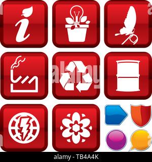 Vector illustration. Set of ecology icons on square buttons. Geometric style. Stock Vector