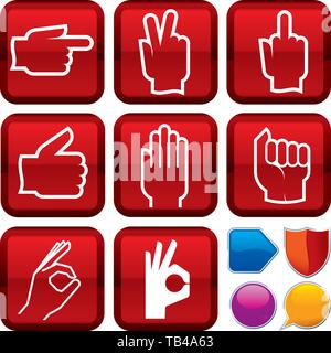 Vector illustration. Set of gesture hand icons on square buttons. Geometric style. Stock Vector