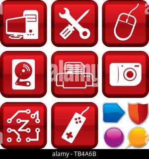 Vector illustration. Set of hardware icons on square buttons. Geometric style. Stock Vector